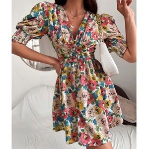 Boho floral puff sleeve A line dress
